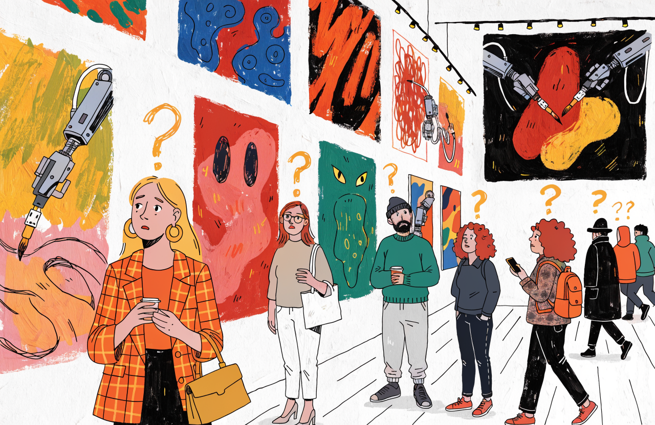 Ilustrație editorială cu grafice de performanță AI versus om la testele de creativitate