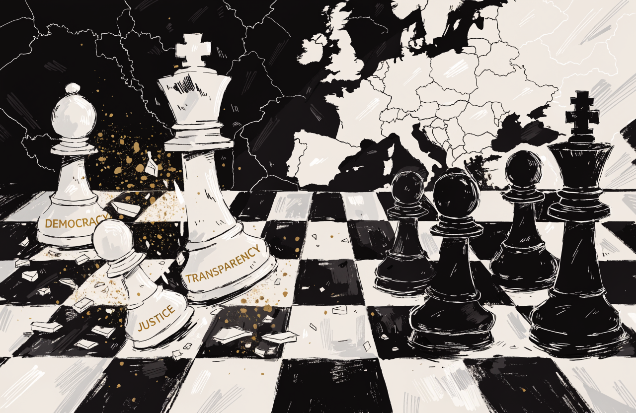 Ilustrație editorială cu un grafic convergent care arată scorurile CPI ale democrațiilor vestice coborând spre nivelul României