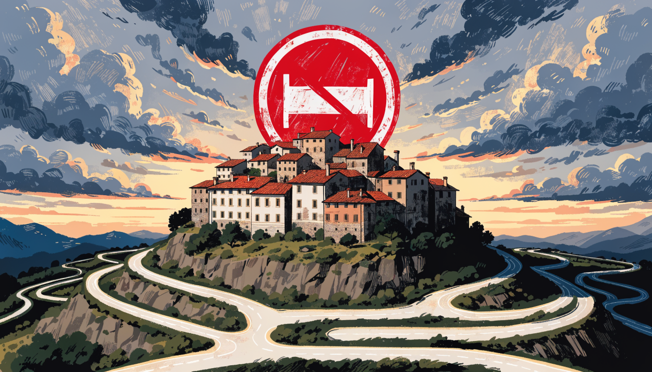 Ilustrație conceptuală cu un sat italian pe o colină, cu un semn de interzis deasupra unui spital