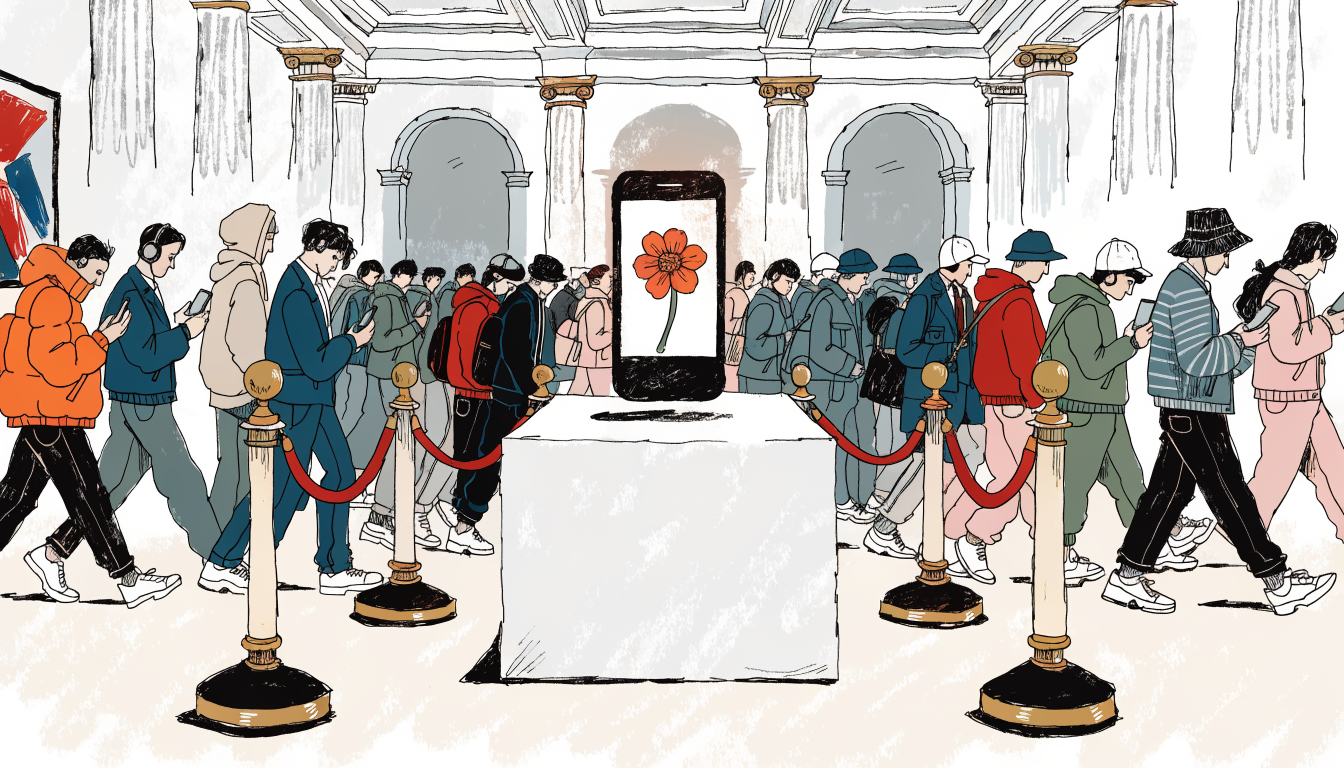 Un telefon minimalist pe o masă de lemn, lângă un pahar de ceai și o carte veche