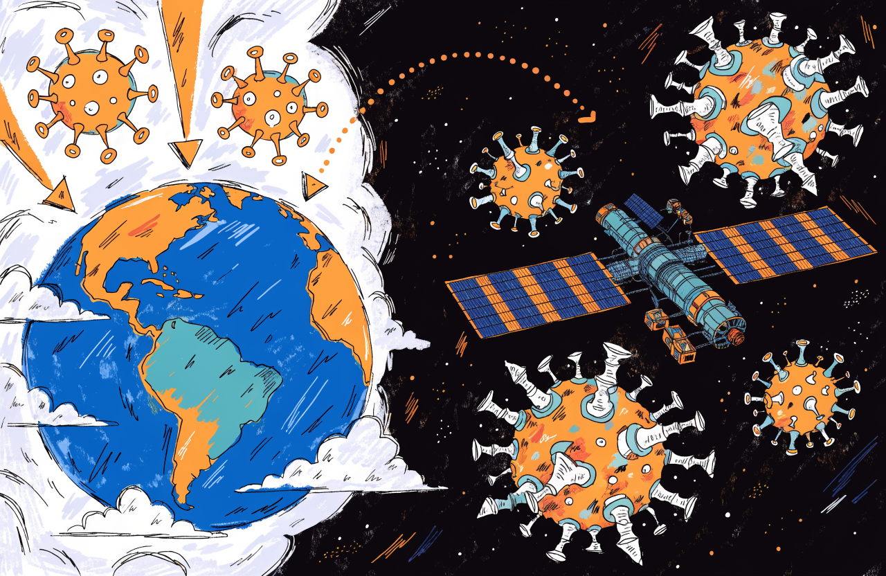 Ilustrație editorială cu Stația Spațială Internațională și reprezentări microscopice ale bacteriofagilor