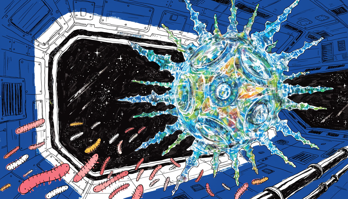 Ilustrație conceptuală a unor bacteriofagi plutind în imponderabilitate pe Stația Spațială Internațională